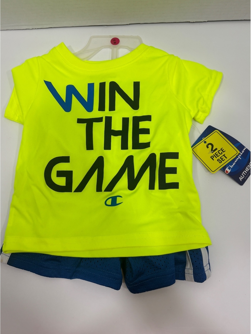 Champion neon yellow tee and blue shorts set 18 months